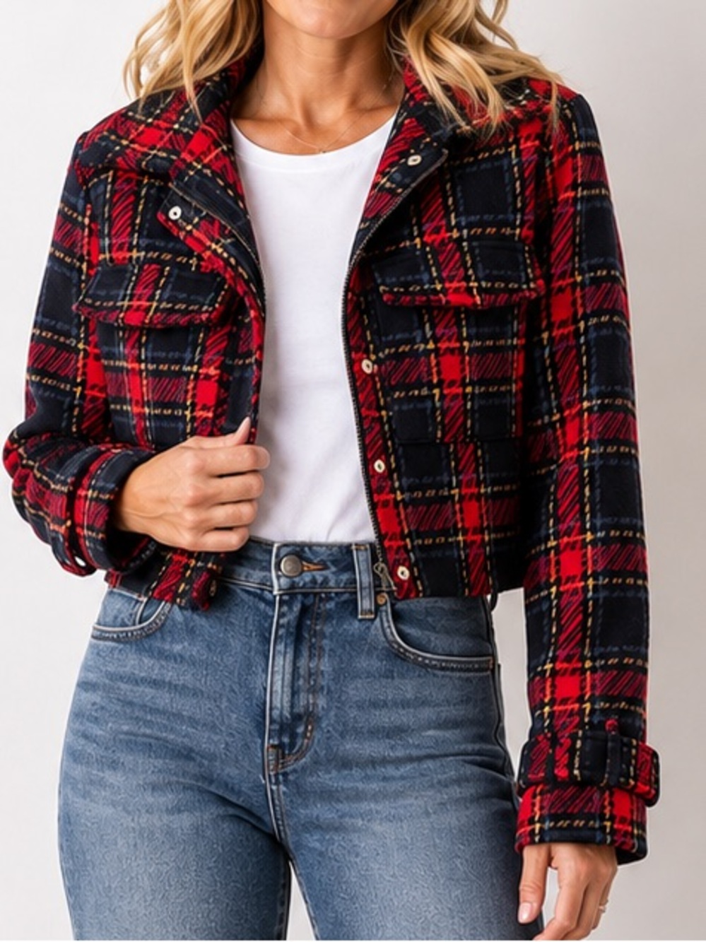 Me Jane Women’s XL Plaid Cropped Moto Jacket Red Black Zip Front Utility
